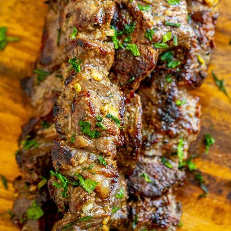 Garlic Butter Lamb Chops, Lamb Souvlaki Recipe, Fried Mushrooms Recipe, Seared Lamb Chops, Air Fried Mushrooms, Souvlaki Skewers, Lamb Souvlaki, Lamb Chops Pan Seared, Kebab Recipes Beef