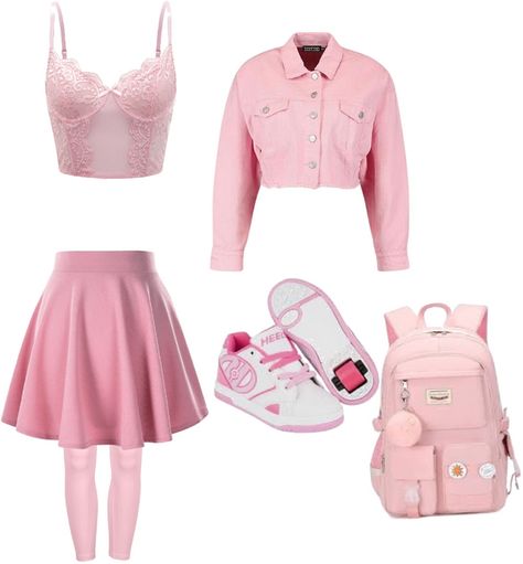 Aphrodite Daughter, Pink Skater Skirt, Pink Denim Jacket, Bodice Top, Pink Backpack, Lace Corset, Outfit Maker, Outfit Shoplook, Pink Leggings