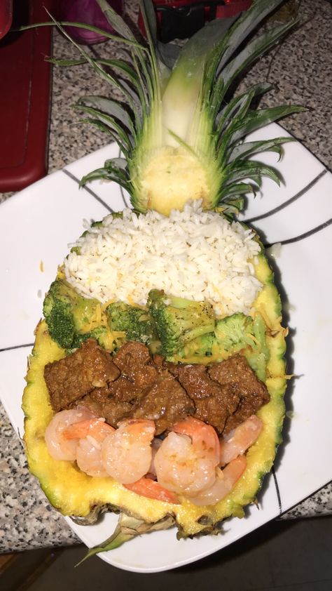 Surf And Turf Pineapple Bowl, Pineapple Food Bowl, Loaded Pineapple Bowls, Pineapple Bowls Chicken Shrimp Steak, Steak Pineapple Bowl, Pineapple Bowls Chicken Shrimp, Pasta With Dried Tomatoes, Pineapple Steak, Pineapple Dinner