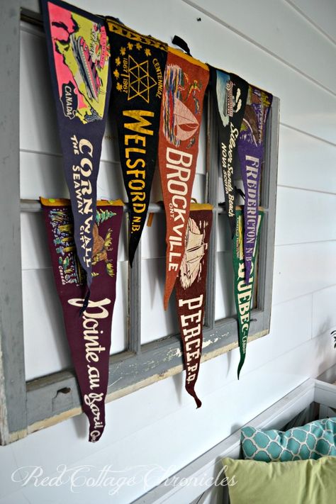 A fun way to add a bit of rustic whimsey to your home, this upcycled old window and vintage pennants would make a perfect addition to a boys room! Pennants Display, Masculine Farmhouse, Pennant Display, Thrift Store Upcycle Decor, Vintage Pennants, Display Collections, Chicago Lifestyle, Thrift Store Upcycle, Sports Nursery