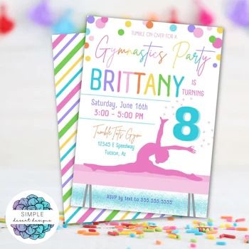 Simple Desert Designs · Products · Gymnastics Birthday Invite · Shopify Summer Camp Room, Water Park Birthday Party, Gymnastics Party Invitations, Gymnastics Party Favors, Sports Theme Birthday Party, Gymnastics Invitations, Rainbow Unicorn Birthday Invitations, Gymnastics Birthday Invitations, Gymnastics Birthday Party