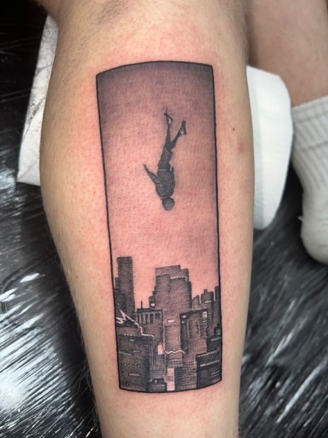 Miles Morales Leap Of Faith Tattoo, Leap Of Faith Tattoo Spiderman, Mile Morales Tattoo, Its A Leap Of Faith Spiderman Tattoo, Spiderman Miles Morales Tattoo Ideas, Miles Morales Spiderman Tattoo, Into The Spider Verse Tattoo, Nerdy Tattoos For Men, Leap Of Faith Tattoo