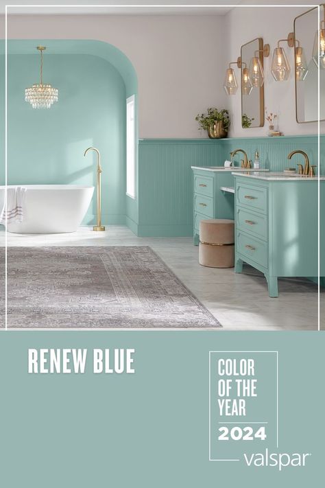 Imagine doing nothing at all with your eyes open. That's the promise of Renew Blue, the Valspar 2024 Color of the Year. Serene as any spa, this bath still sparkles with real art, vintage metals and glamorous lighting. Peaceful Blue, Valspar Paint Colors, Blue Paint Color, Valspar Colors, Cool Color Palette, Paint Color Inspiration, Blue Paint Colors, 2024 Color, Nothing At All