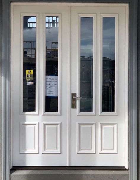 White Exterior Double Front Door, Classic Entrance Door, Neo Classic Entrance, White Double Glazed Front Doors, Double Front Door Frosted, Double Front Doors With Victorian Glass Panels, Classic Double Door, Classic Entrance, Neo Classic