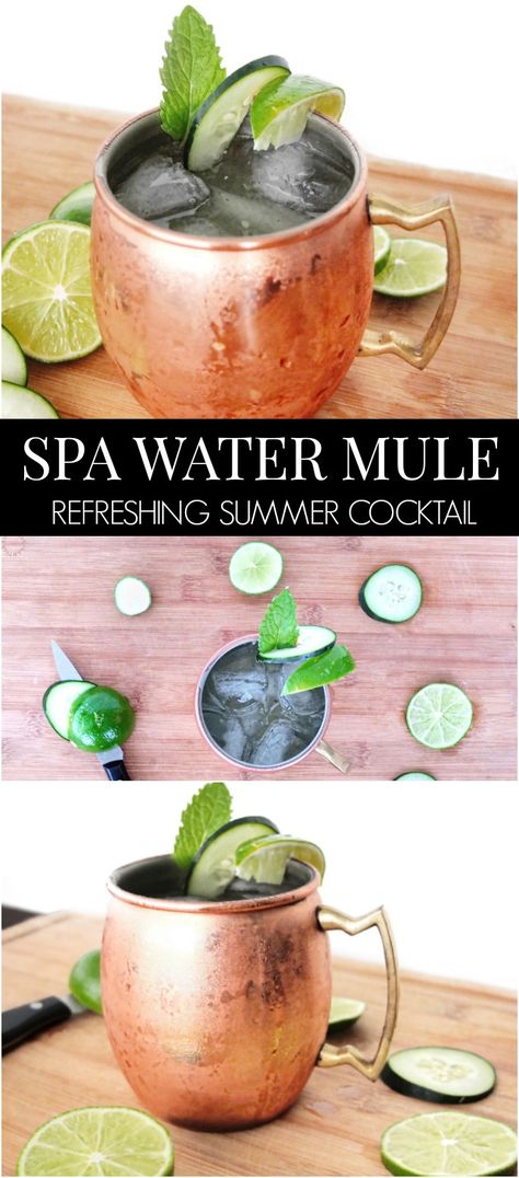 Yummy moscow mule with cucumber. The best cocktail for summer. Spa Water Mule is made with mint, lime, vodka, cucumber, and ginger beer. // www.ElleTalk.com Spa Cocktails, Spa Water Cocktail, Cucumber Vodka Drinks Cocktail Recipes, Cucumber Moscow Mule Recipe, Strawberry Mint Moscow Mule, Event Drinks, Cucumber Vodka Drinks, Cava Cucumber Mint Drink, Baby Drink