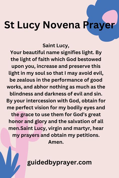 The St. Lucy Novena prayer is a traditional Catholic prayer that is recited for nine consecutive days in honor of St St Lucy Prayer For Eyes, Novena Prayers Catholic, Novenas Catholic, St Lucy, Holy Girl, Saint Lucy, Novena Prayers, How To Pray, First Relationship