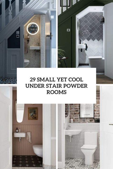 small yet cool under stair powder rooms cover Dark Under Stairs Toilet, Under Stairs Cloakroom Toilet Ideas, Small Toilet Room Downstairs Loo Under Stairs, Small Cloakroom Toilet Under Stairs, Small Attic Toilet Ideas, Small Powder Room Ideas Under Stairs, Bathrooms Under Staircase, Understair Bathroom Decor, Small Under Stairs Toilet Ideas