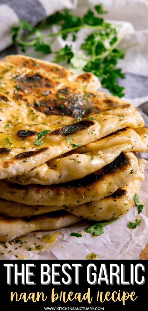 Soft, fluffy, homemade naan bread, brushed with melted garlic butter is out of this world! Nothing beats it for mopping up the sauce from a tasty curry. Garlic Naan Bread Recipe, Nan Bread, Garlic Naan Bread, Naan Bread Recipe, Homemade Naan, Homemade Naan Bread, Yummy Bread, Bread Winners, Recipes With Naan Bread