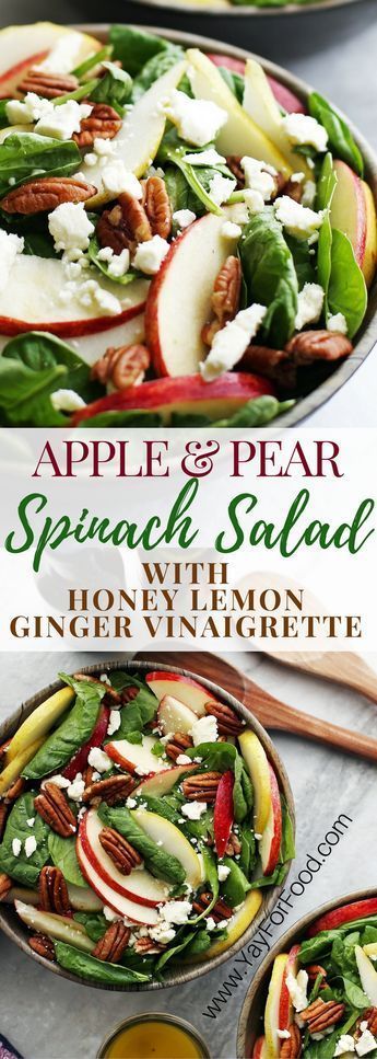 A healthy and delicious fall salad featuring crisp sweet apple and pear, creamy and salty feta cheese, and crunchy pecans! A homemade dressing perfectly compliments this quick-to-make salad. Salad | Healthy Salads | Vinaigrette | Vegetarian | Gluten-Free | Fall Recipes | Autumn Pear Spinach Salad, Ginger Vinaigrette, Salad Taco, Gluten Free Fall Recipes, Salad Macaroni, Salad Kale, Fall Salad, Vinaigrette Salad, Salad Salad