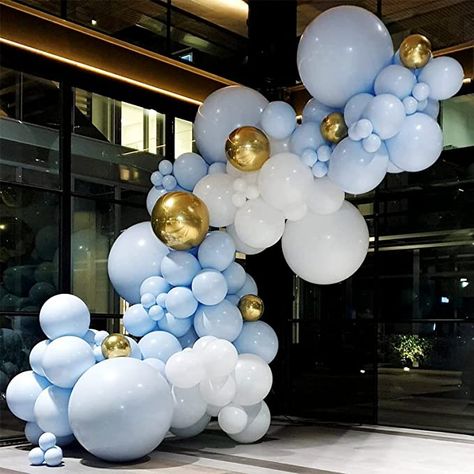 Blue White Balloon Arch, 1st Birthday Party Backdrop, Green Balloon Arch, Sage Green Balloons, Baloon Garland, White Balloon Arch, Christening Balloons, Blue Sweet 16, Baby Shower Balloon Arch