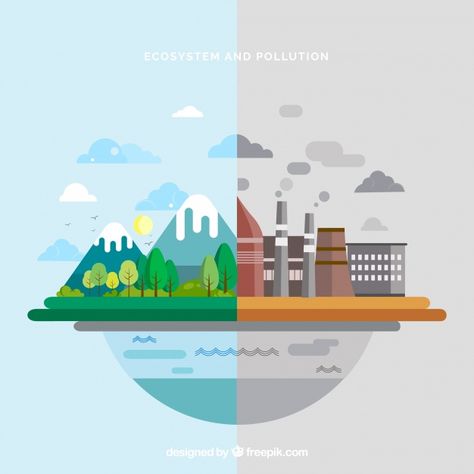 Ecosystem and pollution design in flat style | Free Vector Save Environment, Europe City, Air Quality Monitor, Flat Design Illustration, European City, La Pollution, European Cities, Environment Day, Publication Design