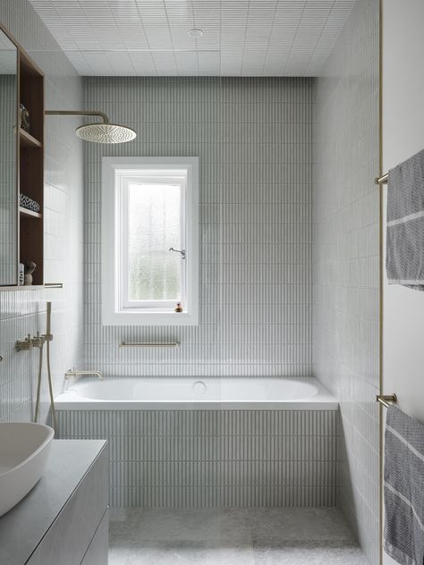 Shower In Front Of Bath, Bath Under Window, Bath Shower Combo, Tiled Tub, Small Bathroom With Tub, Bold Colour Palette, Bathroom Tub Shower Combo, Built In Bathtub, Studio Weave