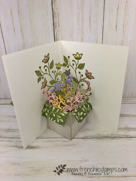 Pop Up Flower Box - Frenchie Stamps Pop Up Flower, Pop Up Flower Cards, Pop Up Box Cards, Interactive Cards, 3d Cards, Card Making Tutorials, Fancy Fold Cards, Flower Box, Fancy Folds