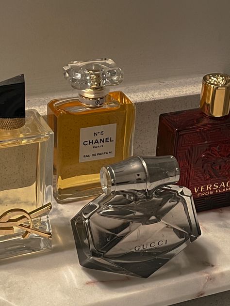 #YSL #GUCCI #VERSACE #CHANEL Ysl Perfume, Perfume Aesthetic, Gucci Bamboo, Chanel Paris, Perfume Collection, Versace, Chanel, Gucci