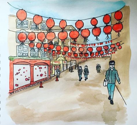 China Town, Jan 20. Reportage style work. —————————————— #illustrationartists #chinatown #london #watercolorpainting #color #ink #reportage… China Town Drawing, Chinatown Drawing, London Watercolor Paintings Easy, China Town Art, London Watercolor Illustration, Great Wall Of China Watercolor, Chinatown Watercolor, Town Drawing, London Painting