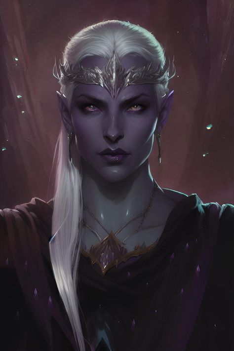 Female Lich Art, Drow Queen Art, Dnd Purple Tiefling, Drow Queen, Drow Female Art, Drow Character Art, Female Drow, Drow Female, Dark Elves