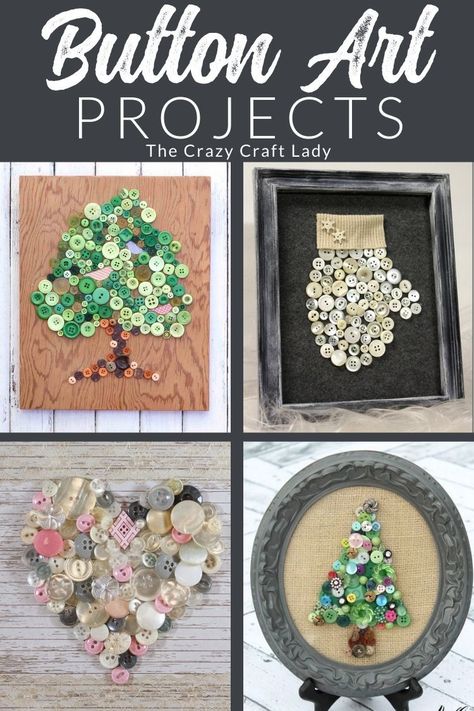 Button Art Projects Button Art Ideas, Christmas Button Crafts, Button Art On Canvas, Diy Button Crafts, Vintage Buttons Crafts, Button Art Projects, Button Canvas, Buttons Crafts Diy, Old Jewelry Crafts