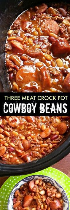 Three Meat Crock Pot Cowboy Beans | BBQ beans with smoked sausage, bacon and ground beef! Bbq Beans, Keto Carnivore, Cowboy Beans, Baked Bean Recipes, Crock Pot Recipes, Salad Pasta, Crockpot Dishes, Crock Pot Slow Cooker, Crockpot Recipes Slow Cooker