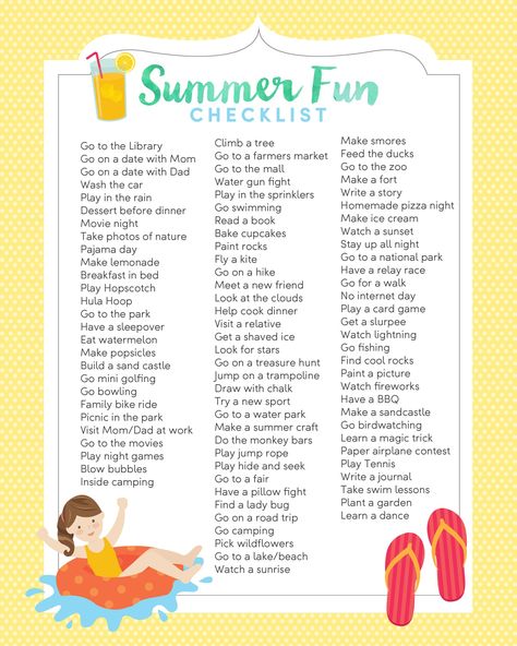 Summer Fun Checklist - FREE printable with lots of fun and creative activities to bust your kids' summer boredom! Creative Activities For Adults, Fun Checklist, Diy Water Table, Checklist For Kids, Kids Summer Bucket List, Summer Worksheets, Summer Boredom, Diy Mothers Day, Fun List