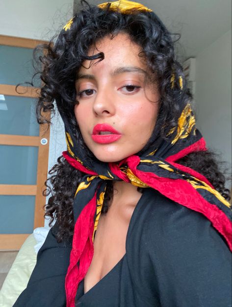 Giving french riviera vibes with my red lips and scarf #curlyhairstyles curly hair cheveux bouclés Hair With Silk Scarf, Scarf Curly Hair, Scarf For Curly Hair, Scarf Style, French Riviera, Red Lips, Scarf Styles, Silk Scarf, Hair Inspo