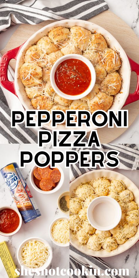 Pepperoni Pizza Bites in a red baking dish. Pizza Rollups Pizza Dough, Pizza Dough Bites Pull Apart, Pillsbury Pizza Dough Ideas, What To Do With Pizza Crust, Pilsbury Pizza Recipes, Different Ways To Use Pizza Dough, Pizza Dough Rolls Recipe, Pizza Dough Snacks Appetizers, Refrigerator Pizza Dough Ideas