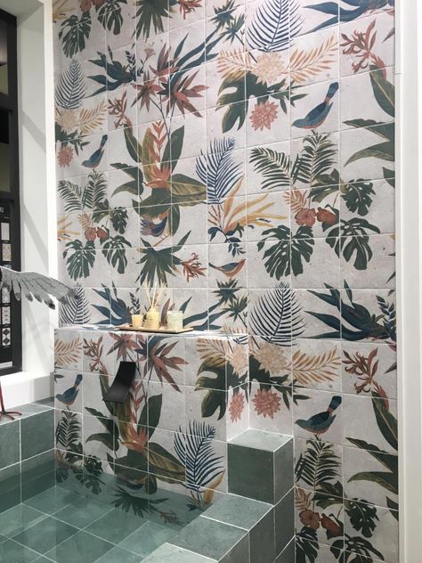 Bali Stones Samui from Mainzu - Diary of a Tile Addict Tropical Modernism, Tropical Tile, Jungle Prints, Focus On Health, Bar Tile, Spa Style, Tile Trends, Grout Color, Upstairs Bathrooms