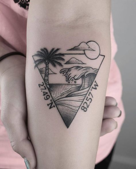 Florida landscape to complement her husband’s Alaska tattoo from my previous post! #pcrumptattoos #thebutchertattoo #inkpediaorg... Ocean Triangle Tattoo, Tattoo Florida Ideas, Florida Tattoo Ideas, Ocean Tattoo Design, Front Thigh Tattoos, Alaska Tattoo, Florida Tattoo, Desert Tattoo, Triangle Tattoo Design