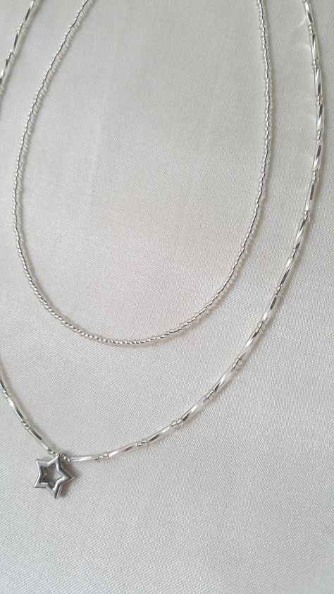 Layered Necklace Silver, Necklace Bar, Necklace Star, Layered Necklaces Silver, Jewelry Dainty, Necklace Simple, Silver Glass, Seed Bead Necklace, Choker Necklaces