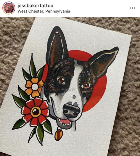 Neo Traditional Pet Portrait, American Traditional Pet Portrait, American Traditional Dog Portrait, American Traditional Pet Tattoo, Old School Dog Tattoo, Koda Tattoo, Traditional Dog Portrait Tattoo, American Traditional Dog, American Traditional Dog Tattoo