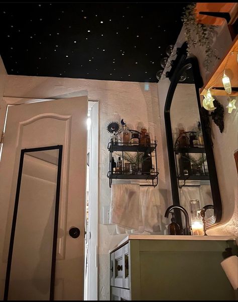 #starry #ceiling #bathroom #bathroominspo Dark Ceiling Bathroom, Night Sky Bathroom, Starry Night Bathroom, Starry Bathroom, Stars Bathroom, Magical Bathroom, Cottage Dark, Starry Ceiling, Painted Vanity Bathroom