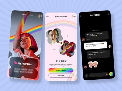 Introducing the Game-Changing 🏳️‍🌈 LGBT Dating App UI Concept! 💖 We have designed the 🌈 LGBT dating app with advanced functionality combined to easily use interfaces and features. Our intuitive 📱 app design and effortless navigation, make it easier than ever to find your perfect match. ✨ #dating #datingapp #mobileapp #lgbt #lgbtq #appdevelopment #findlove #digitaldating #datingappdevelopment #dribbble #behance #ios #android #uiux #onlinedating #datingapps #matchmaking #tinder #pride Dating App Design, Tinder App, Tinder Match, Mary Martin, App Design Layout, Identity Project, Apps For Teens, App Concept, Interracial Dating