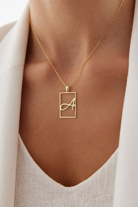 Square Letter Necklace, Initial Necklace, Name Necklace, Custom Necklace, Silver Necklace, Dainty Necklace, Minimalist Necklace - Etsy UK Square Pendent Designs Gold, Letter Necklace Gold Initial Pendant, Etsy Necklace, Letter Necklace Initials, Letter Necklace Silver, Pendant Designs, Pendant Ideas, Pretty Jewelry Necklaces, Necklace Name