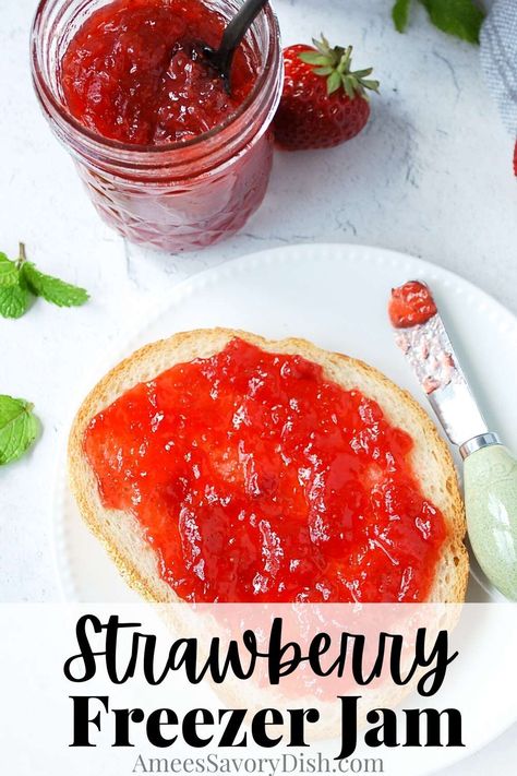 This Strawberry Freezer Jam recipe will show you how quick and easy it is to make a delicious homemade strawberry jam with no canning. via @Ameessavorydish Easy Strawberry Freezer Jam Recipe, Sugar Free Strawberry Freezer Jam, Healthy Strawberry Freezer Jam, Freezer Jam Strawberry Low Sugar, Strawberry Freezer Jam Recipe With Certo, Strawberry Freezer Jam, Freezer Jam Recipes, Homemade Strawberry Jam, Freezer Jam