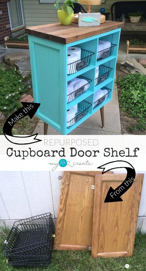 Repurposed Cupboard Door Shelf Diy Cupboard Doors, Cabinet Doors Repurposed, Door Shelf, Doors Repurposed, Diy Furniture Hacks, Diy Furniture Easy, Furniture Renovation, Furniture Hacks, Repurposed Furniture Diy