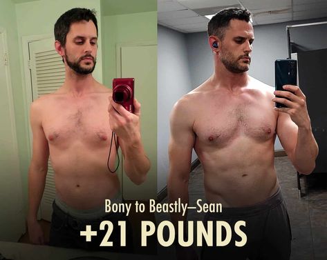 Before and after photo showing a man bulking up and gaining 20 pounds of muscle with the Bony to Beastly Program. Bulking Transformation, Count Macros, Fat Sources, Macro Calculator, Tracking Macros, Counting Macros, Bulk Up, Fatty Fish, Balanced Meals