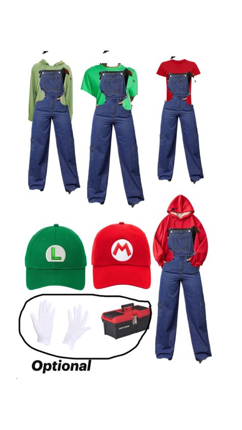 Mario and Luigi costumes diy follow for a tutorial Luigi Mario Kart Costume, Mario Kart Costumes Diy Yoshi, Mariokart Costume Diy, Mario Kart Toad Costume, Diy Mario Hat Foam, Mario And Luigi Halloween, Mario Costume Diy, Luigi Halloween Costume, Mario Costume