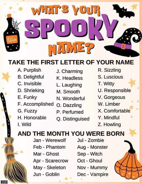 Halloween Interactive Post, Funny Name Generator, Fun Sleepover Games, Halloween Sleepover, Sensory Play Toddlers, Halloween Party Activities, Halloween Lesson, Sleepover Games, Smoothie Recipes Healthy Breakfast