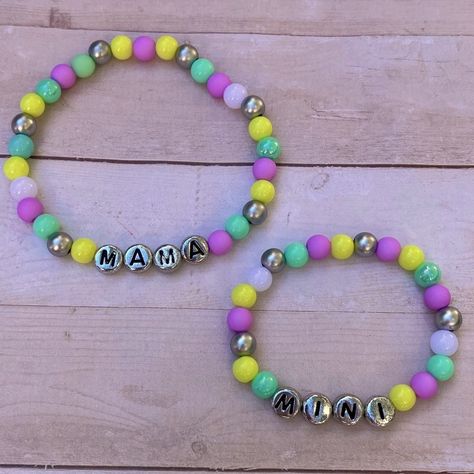 These Are Brand New Hand Crafted 7” And 5” Around Stretchy Beaded Bracelet Set That Says Mama & Mini With Silver Alphabet Beads And Multicolored Pastel Beads. Perfect Mother & Daughter Gift Idea! Multicolor Letter Beads Bracelets For Mother's Day, Cute Beaded Name Bracelet For Mother's Day, Mommy Bracelets, Mommy And Me Clay Bead Bracelets, Mom And Daughter Bracelets Beads, Mama And Mini Bracelets, Western Cuff Bracelet, Crystal Cupcakes, Selling Stuff