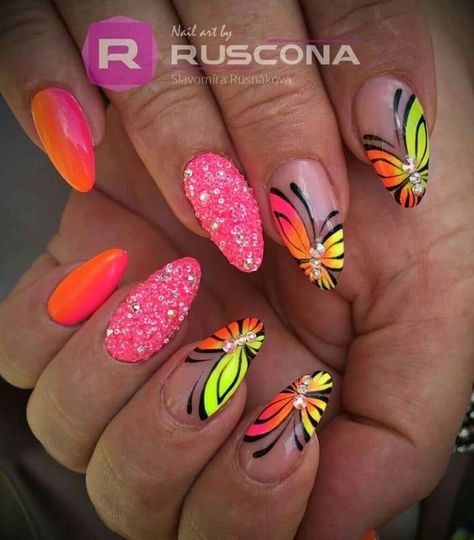 Butterfly Nail Designs, Neon Glitter, Easter Nail, Nails Arts, Butterfly Nail Art, Colorful Nails, Pretty Nail Art Designs, Coffin Nails Long, Pretty Nail Art