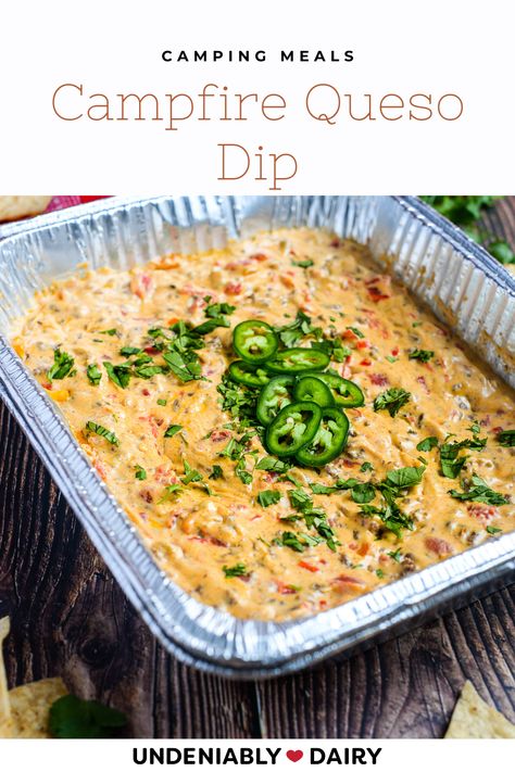 Easy Campfire Sides, Dips To Take Camping, Easy Dips For Camping, Campfire Dips, Campfire Cheese Dip, Campfire Queso Dip, Campfire Dips Camping Recipes, Camping Appetizers Make Ahead, Campfire Queso