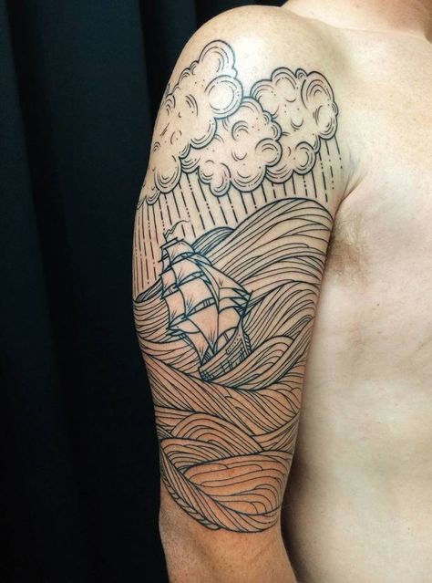 Stormy Seas by William Dolittle @ Studio City Tattoo (Los Angeles, CA) Sea Tattoo Sleeve, Nautical Tattoos, Tattoo Linework, Filler Tattoo, Woodcut Tattoo, Sailor Tattoos, Sea Tattoo, Tattoo Board, City Tattoo