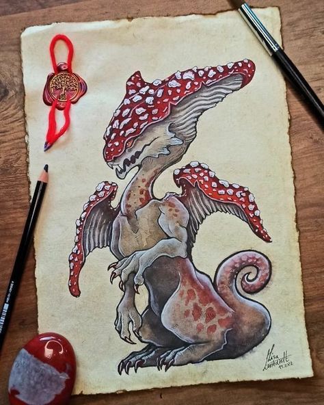 Toadstool Mushroom Drawing, Mushroom Dragon Art, Fantasy Creature Sketch, Mushroom Tattoos Ideas, Mushroom Animals Drawing, Mushroom Dragon Drawing, Fairytale Creatures Drawing, Mystical Creatures Sketches, Forest Creatures Drawing