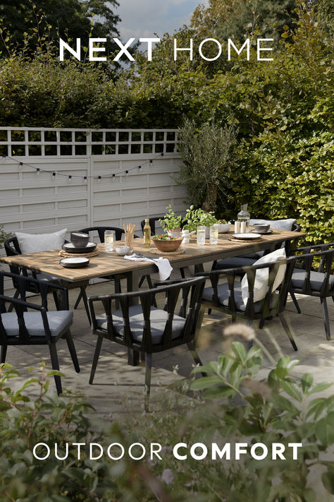 Summer means getting outside at any opportunity – including for those al fresco mealtimes. Entertaining is easy with a comfy garden set that seats everyone – and includes somewhere for them to put their drinks. Order now for delivery direct to your door.* (*T&Cs apply.) Backyard Dining Table, Grey Outdoor Furniture, Dining Table And Chairs, Deck Designs Backyard, Outdoor Dining Spaces, Aluminum Pergola, Garden Table And Chairs, Patio Garden Design, Extending Dining Table