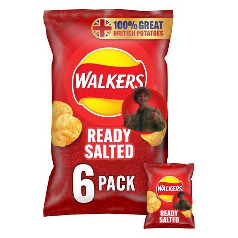 Walker Scobell on a bag of Walkers crisps. British Potatoes, Ready Salted Crisps, Walkers Crisps, Bacon Crisps, Potato Crisps, A Potato, Cheese Flavor, Tomato Ketchup, What Do You See