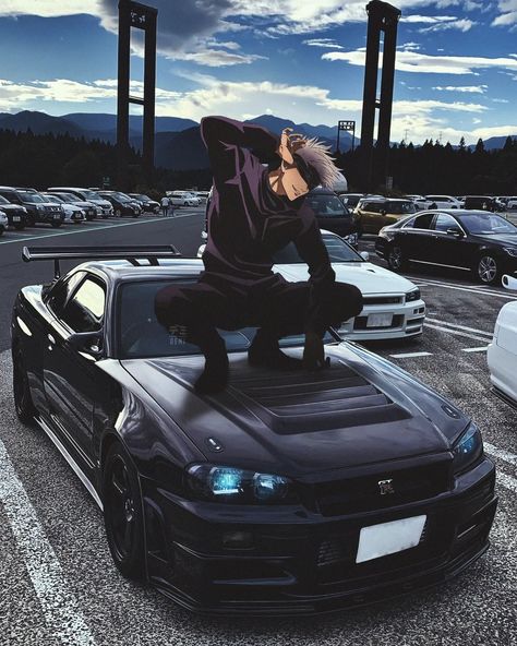 Cars With Anime Characters, Skyline R34 Anime, Anime Car Wallpapers, Car X Anime, Gtr Anime, Anime X Jdm, 90s Japanese Cars, Anime Jdm, Gojo Itadori