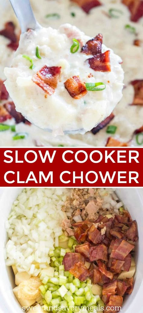 Slow Cooker Clam Chowder is easily made in the crock pot, yielding a creamy and comforting soup. #slowcooker #crockpot #easyrecipe #souprecipes #clamchowder #sweetandsavorymeals #bestrecipes Crockpot Clam Chowder, Seafood Mix Recipes, Slow Cooker Clam Chowder, Creamy Clam Chowder, Clam Chowder Soup, Summer Crockpot Recipes, Seafood Mix, Soup Crockpot, Crockpot Lasagna