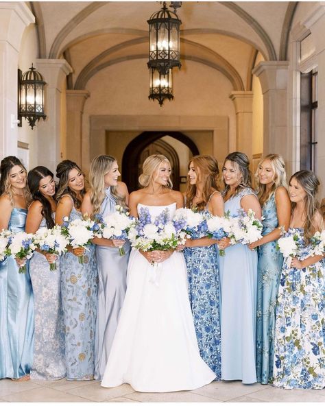 Wedding • Instagram Blue Bridesmaids Dress, Mismatched Bridesmaid Dresses Blue, Bridesmaid Dresses Long Blue, Wedding Instagram, Floral Bridesmaid Dresses, White Bridesmaid, Light Blue Wedding, Bridesmaid Colors, Mismatched Bridesmaids