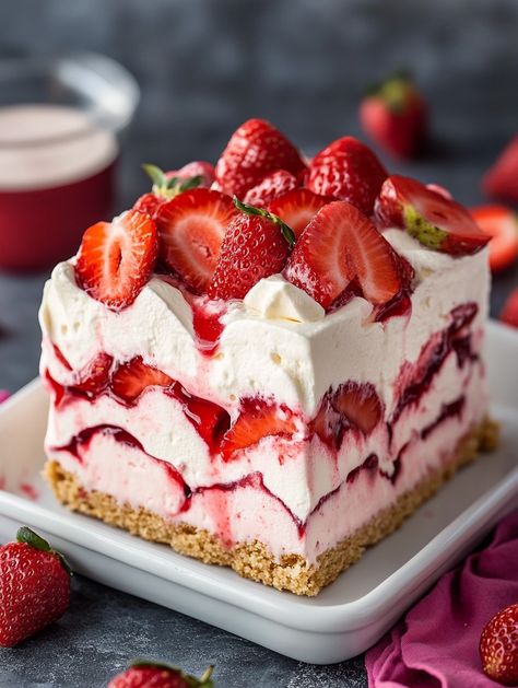 Ingredients: 2 lbs fresh strawberries, hulled and sliced 🍓 3 cups heavy whipping cream 🥛 1/2 cup powdered sugar 🍬 1 teaspoon vanilla extract 🍦 2 packages of vanilla wafer cookies or graham crackers 🍪 Whipped cream (for topping) 🍦 Whole strawberries (for garnish) 🍓  Directions: In a large mixing bowl, whip the heavy cream, powdered sugar, and vanilla extract until stiff peaks form. 🥄 Gently fold in half of the sliced strawberries into the whipped cream. 🍓 Vanilla Wafer Cookies, Strawberry Cream Cheese Filling, Strawberry Icebox Cake, Japanese Dessert Recipes, Vanilla Wafer, Sliced Strawberries, Paleo Recipes Dessert, Wafer Cookies, Icebox Cake