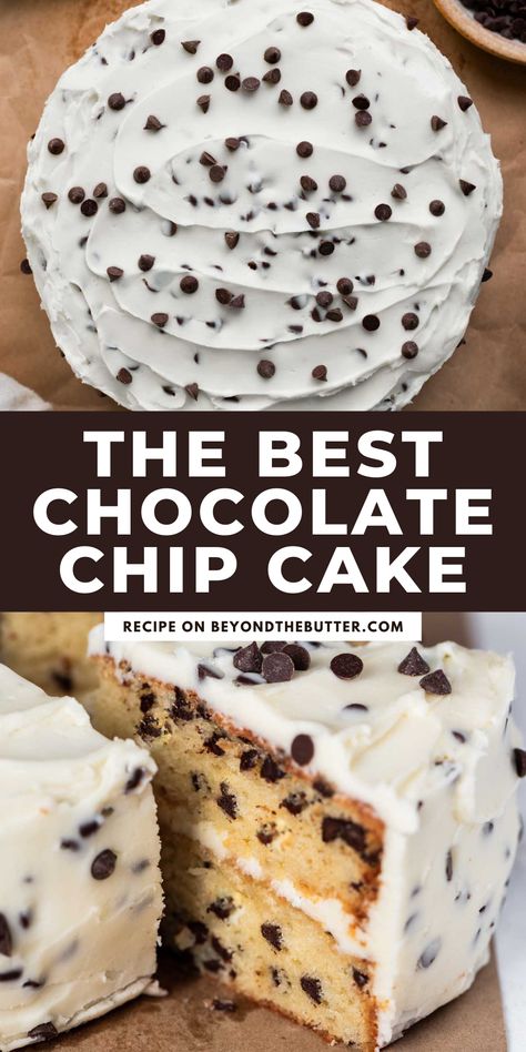 Desserts With Buttercream Frosting, White Cake With Chocolate Chips, Chocolate Chip Muffin Cake, Easy Chocolate Chip Cake Recipe, Chocolate Chocolate Chip Cake Recipe, Baking Recipes With Chocolate Chips, Desserts With Mini Chocolate Chips, Chocolate Chip Buttercream Frosting, Recipes With Semi Sweet Chocolate Chips