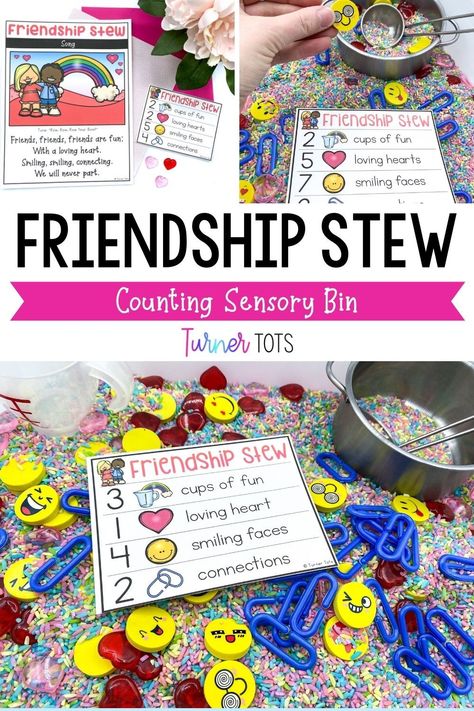 Friendship Color Mixing Preschool, Friendship Sensory Preschool, Friendship Stew Sensory Bin, Friendship Preschool Lesson Plans, All About Friends Preschool, Friendship Day Kindergarten Ideas, Preschool Friendship Math Activities, My Friends Crafts For Toddlers, Friendship Sensory Bin Preschool